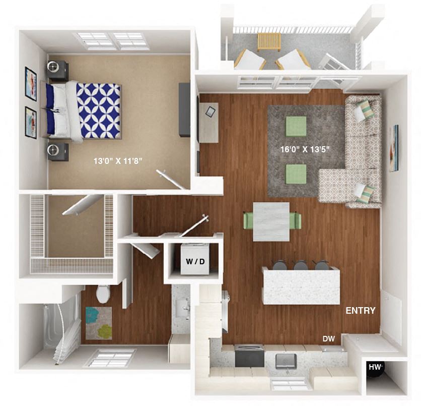 Floor plan for 1 bed, 1 bath, 769 sqft